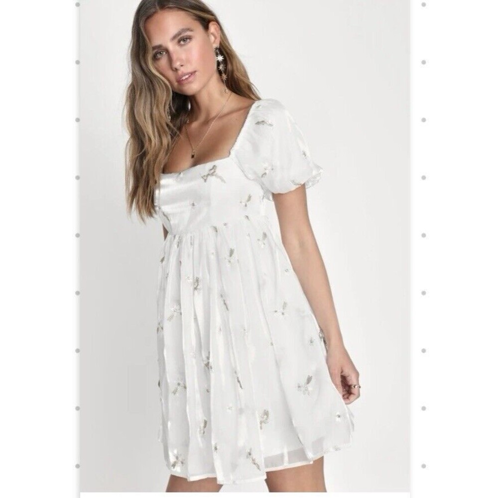 Lulus Devoted Darling White Embroidered Organza Babydoll Mini Dress NWOT Size S